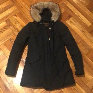 Woolrich black down winter coat with fur trim